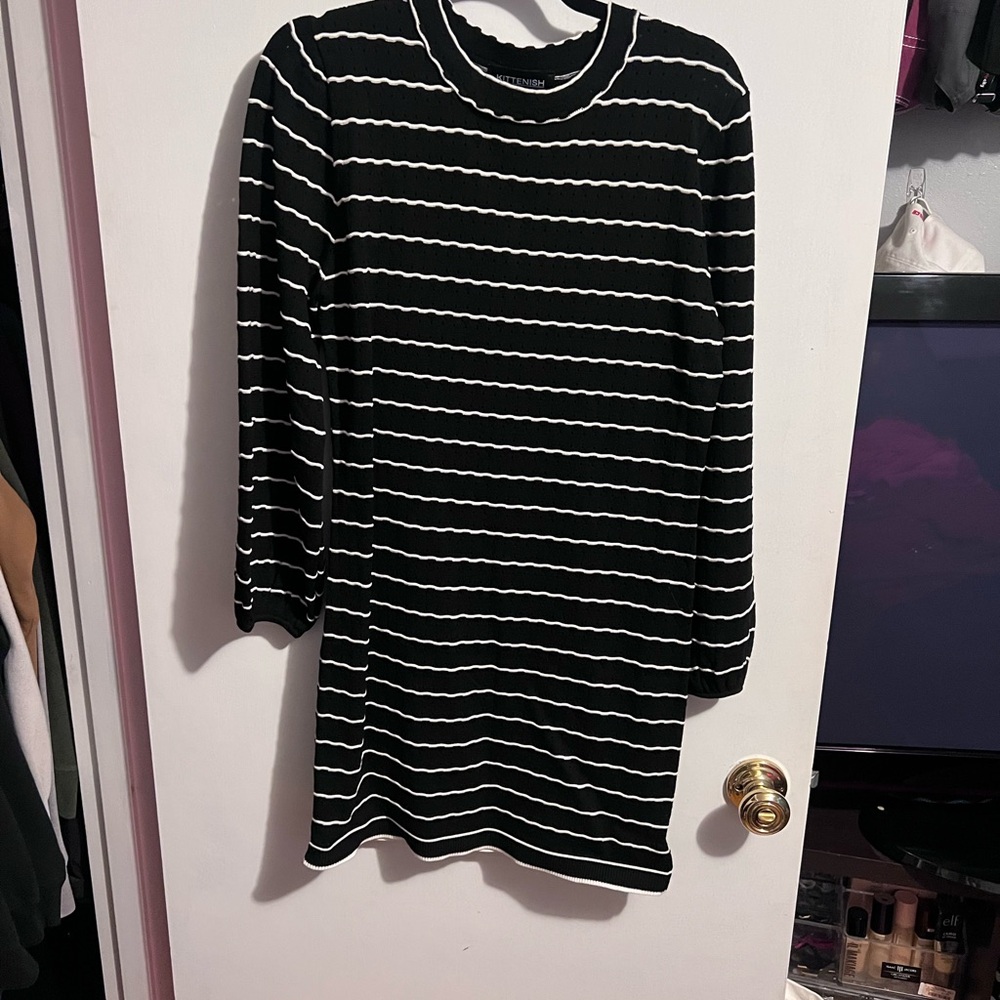 Kittenish Black and White Long Sleeve Dress